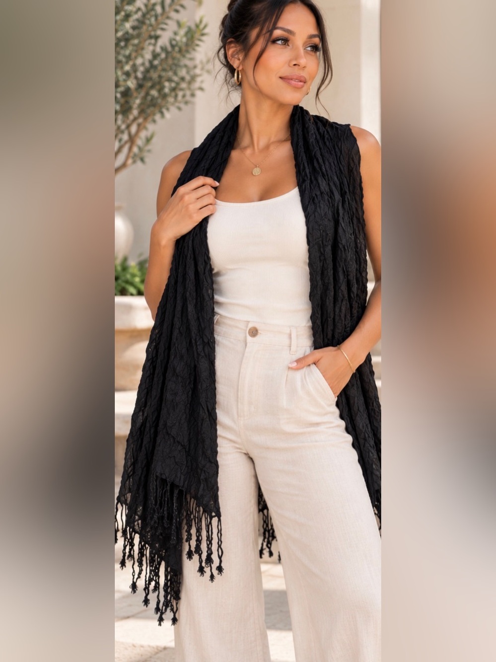 Black Crinkle Textured Fringe Shawl Wrap Scarf 100% Viscose Made in India